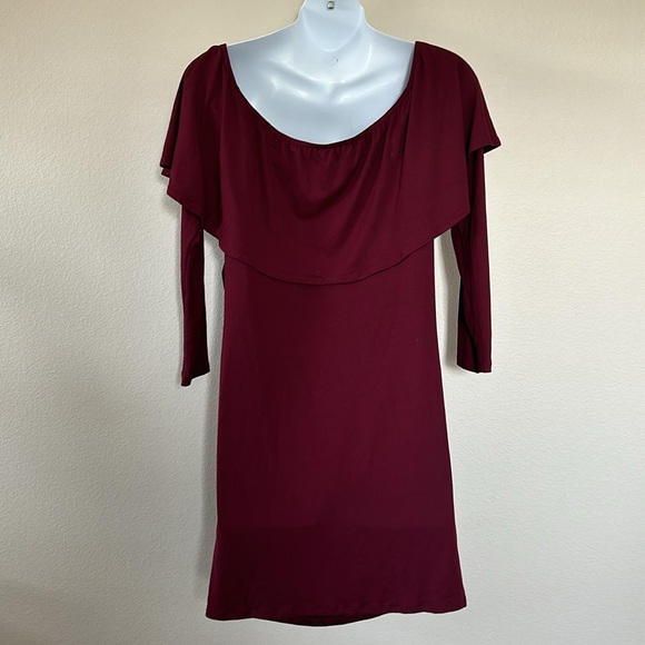 PinkBlush Maroon Burgundy Ruffle Trim Off Shoulder Fitted Maternity Dress - Picture 8 of 9